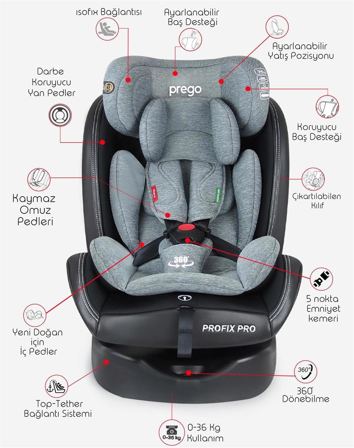 Prego Profix Pro 360° Dönebilen Isofixli 0 - 36 kg Oto Koltuğu Gri