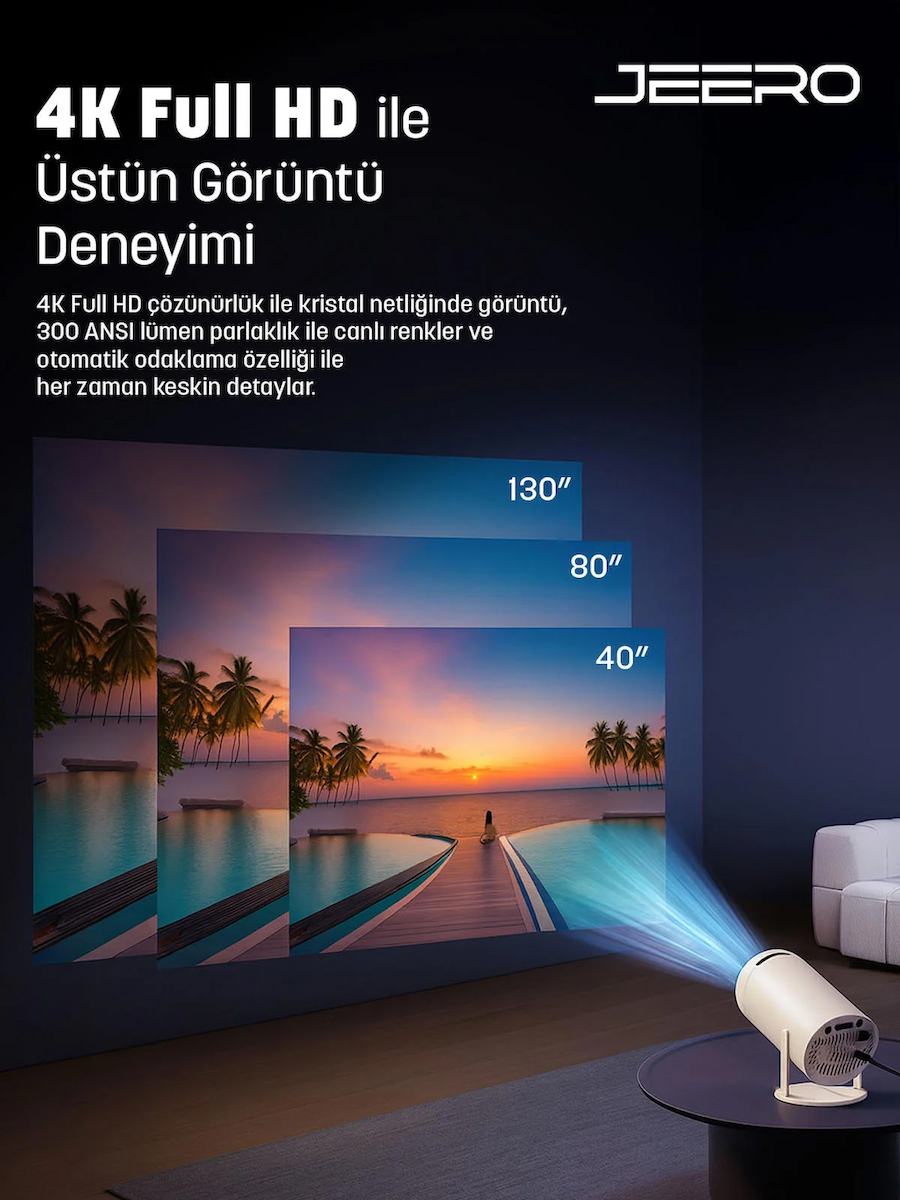 JEERO HY300PRO Multimedia Ultra Hd 1080p Android 13 Projeksiyon Cihazı (Türkçe Menü) H713 Chipset