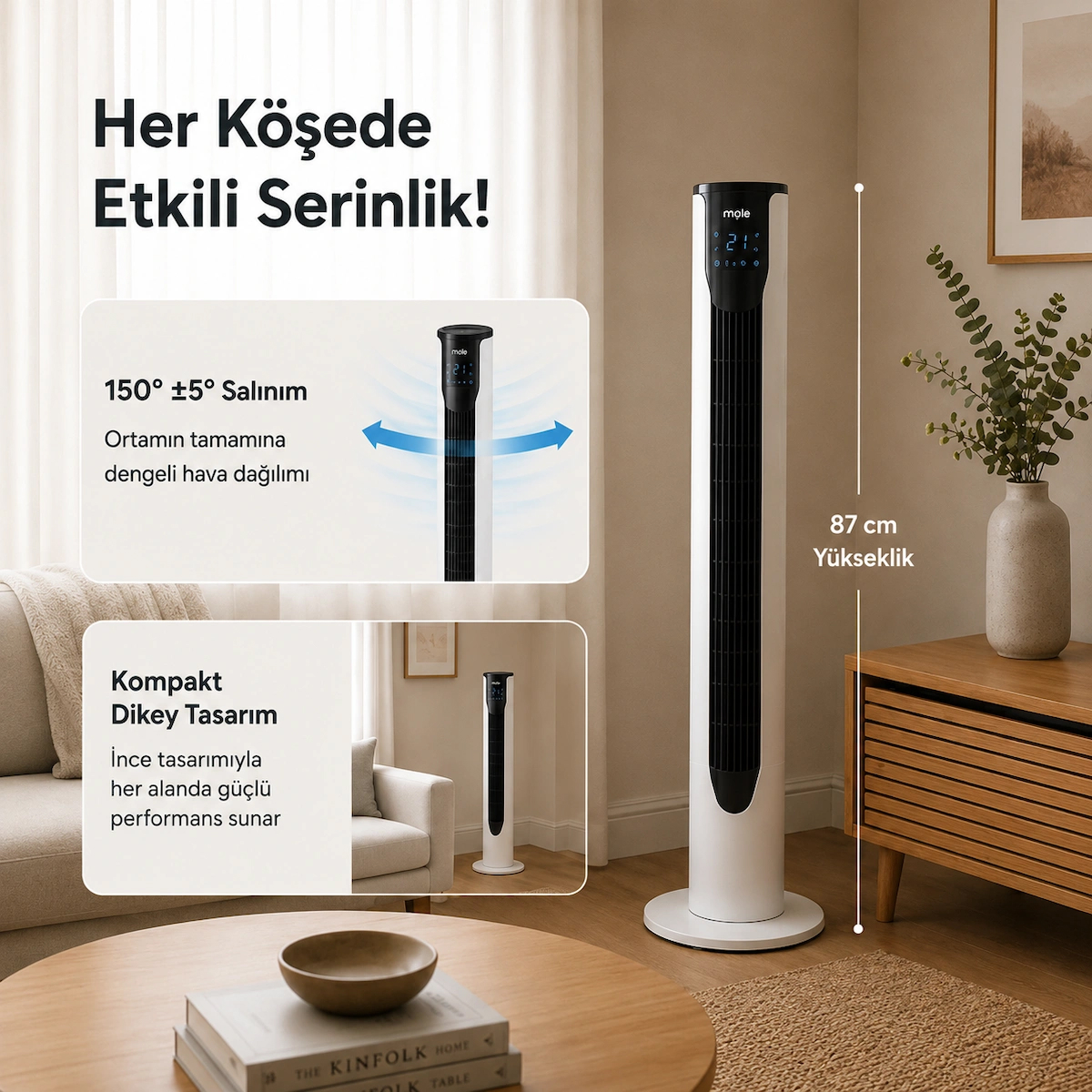 Mole F10 Kule Tipi Vantilatör Beyaz 50 W 3 Kademeli Uzaktan Kumandalı Zamanlayıcılı