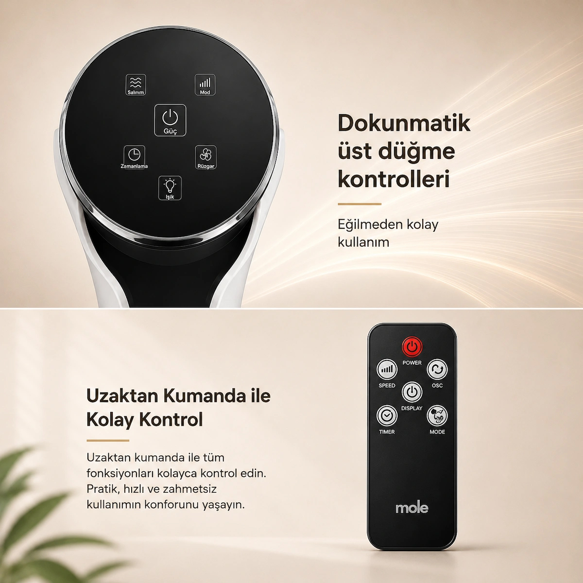 Mole F10 Kule Tipi Vantilatör Beyaz 50 W 3 Kademeli Uzaktan Kumandalı Zamanlayıcılı