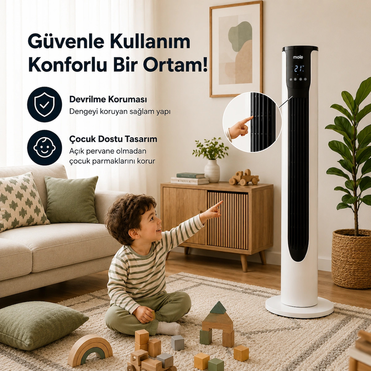 Mole F10 Kule Tipi Vantilatör Beyaz 50 W 3 Kademeli Uzaktan Kumandalı Zamanlayıcılı
