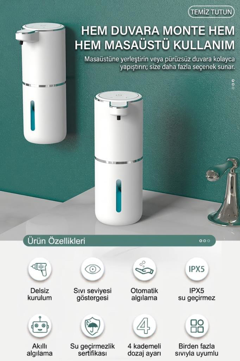 Vayomy Otomatik Köpük Sıvı Sabunluk Sensörlü Köpük Sabun Makinesi 380 ml USB Type-C Şarjlı FoamSmart