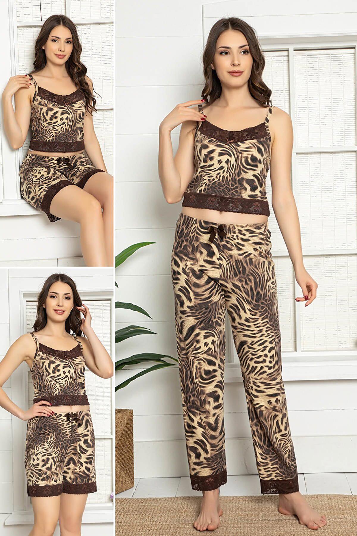 MyBen Kadın Leopar Desenli Dantel Detaylı Şortlu  Pijama Takımı 3'lü Set 75031