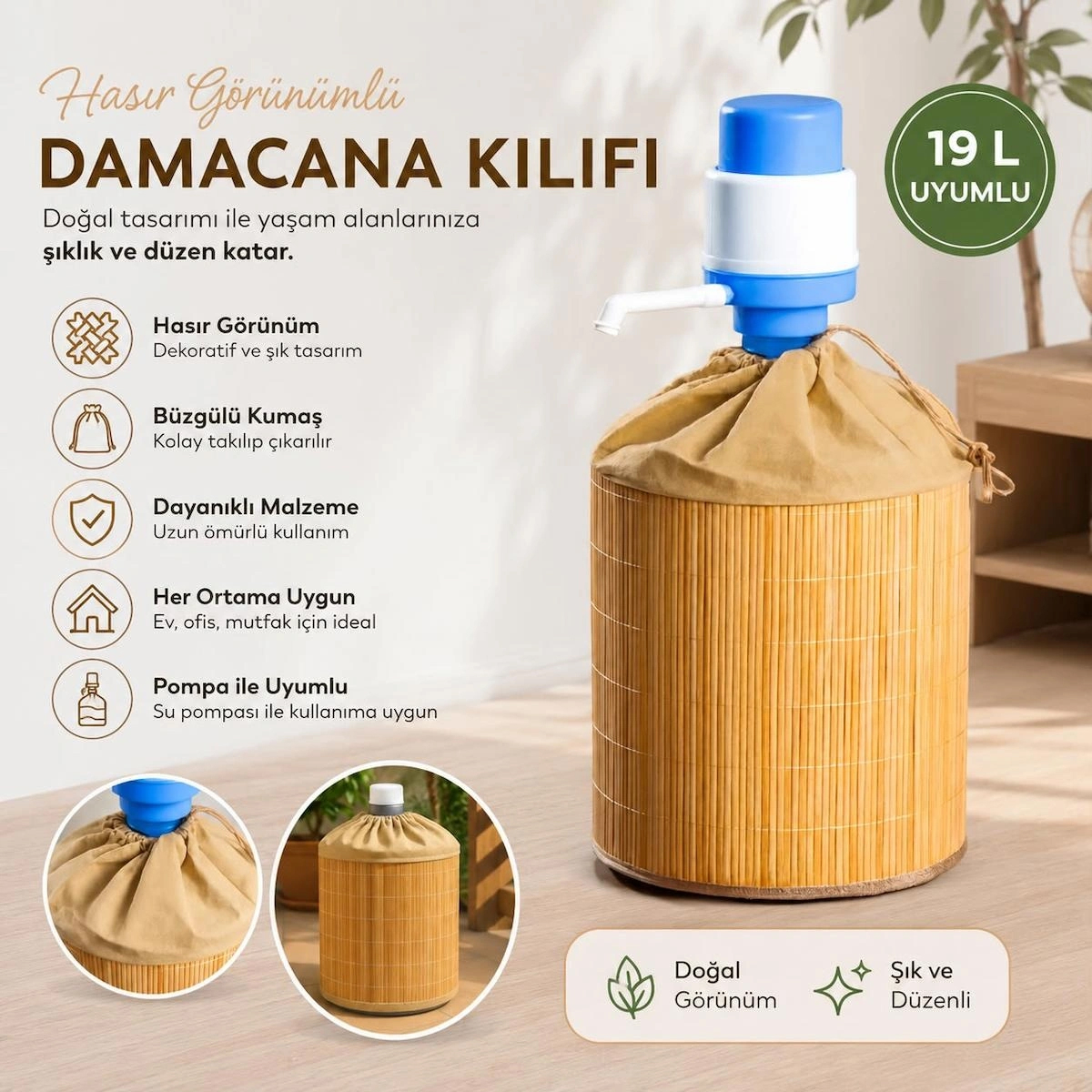 Hasır Görünümlü Damacana Kılıfı – Büzgülü Kumaşlı Dekoratif 19 L Damacana Örtüsü
