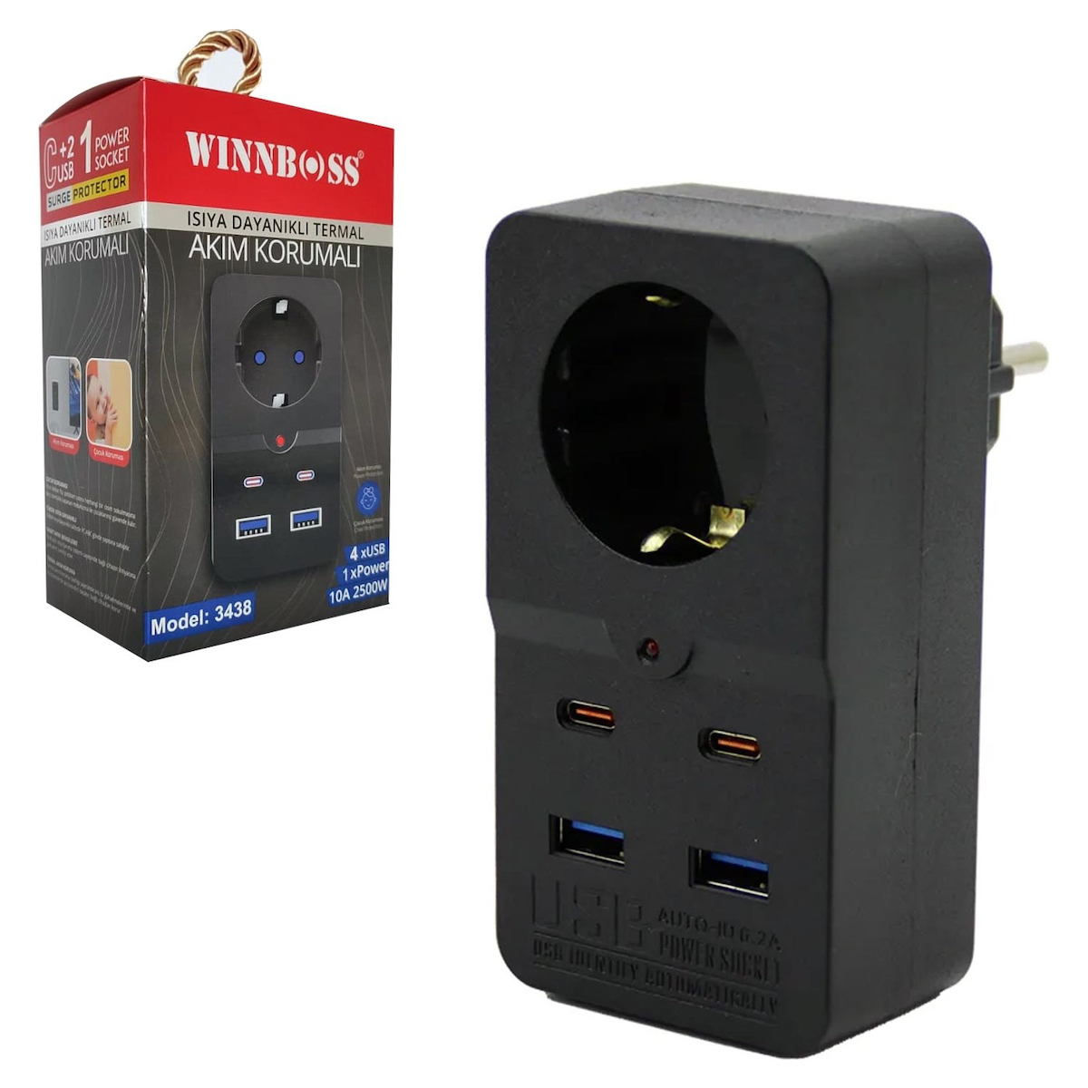 WİNNBOSS WB-3438 AKIM KOR. PRİZ - (1 PRİZ + 2 TYPE-C + 2 USB)