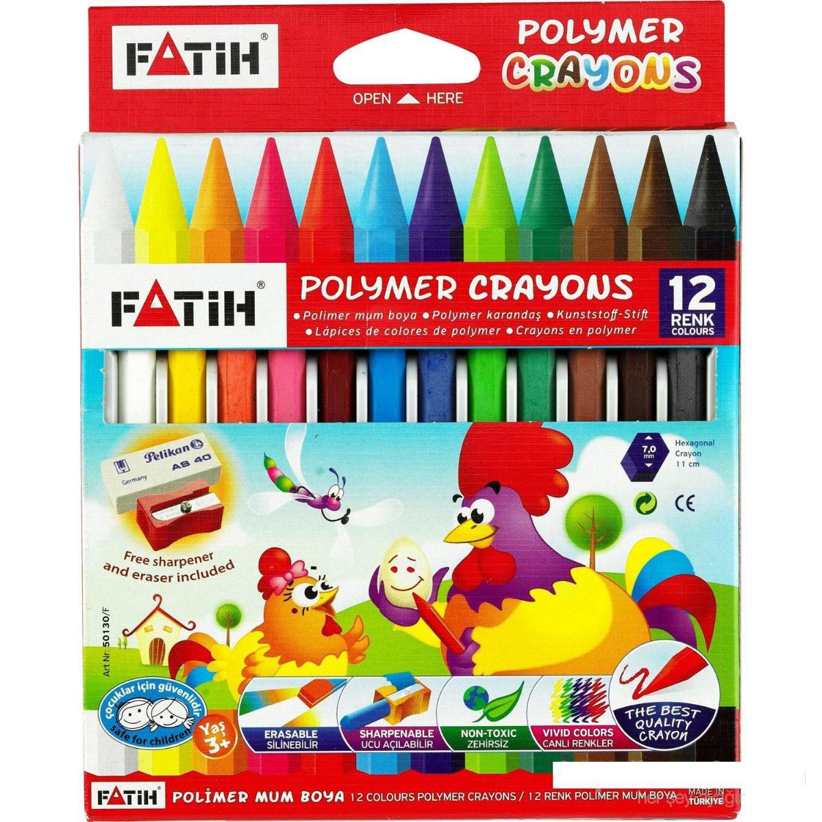 Fatih 12 Renk Uzun Crayon (Mum Boya) Pelikan Silgi+Kum Kalemtraş Hediyeli