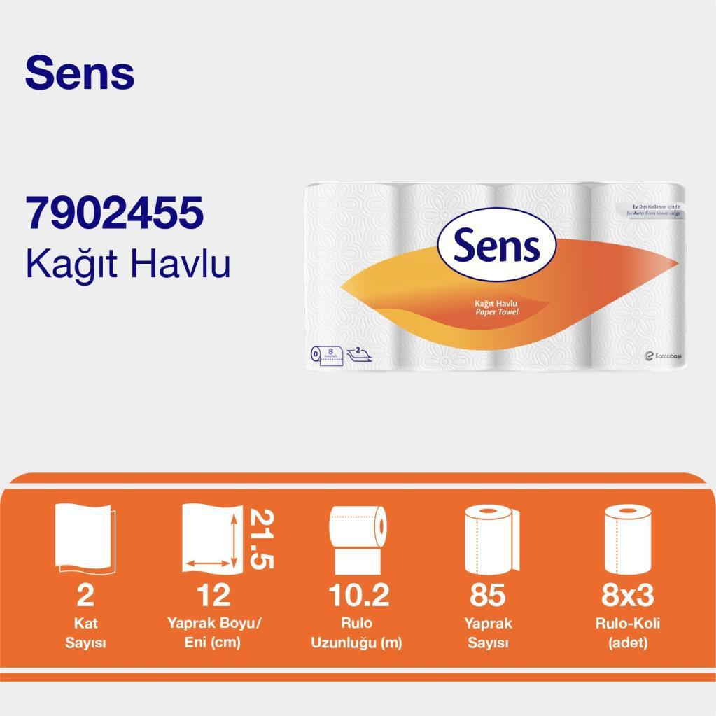 Sens Kağıt Havlu 8 Rulo x 3 Paket Toplam 24 Rulo