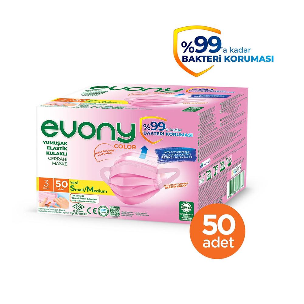 Evony Yumuşak Kulaklı Cerrahi Maske Pembe 50 Adet