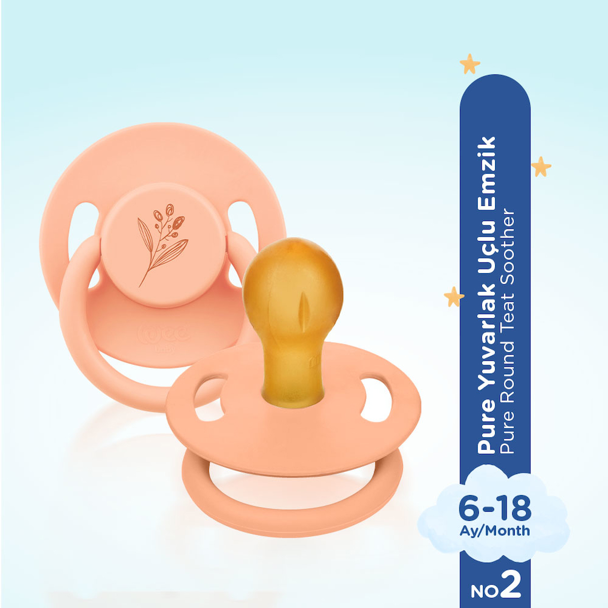Pure Yuvarlak Uçlu Kauçuk Emzik No:2 Somon 6-18 Ay 