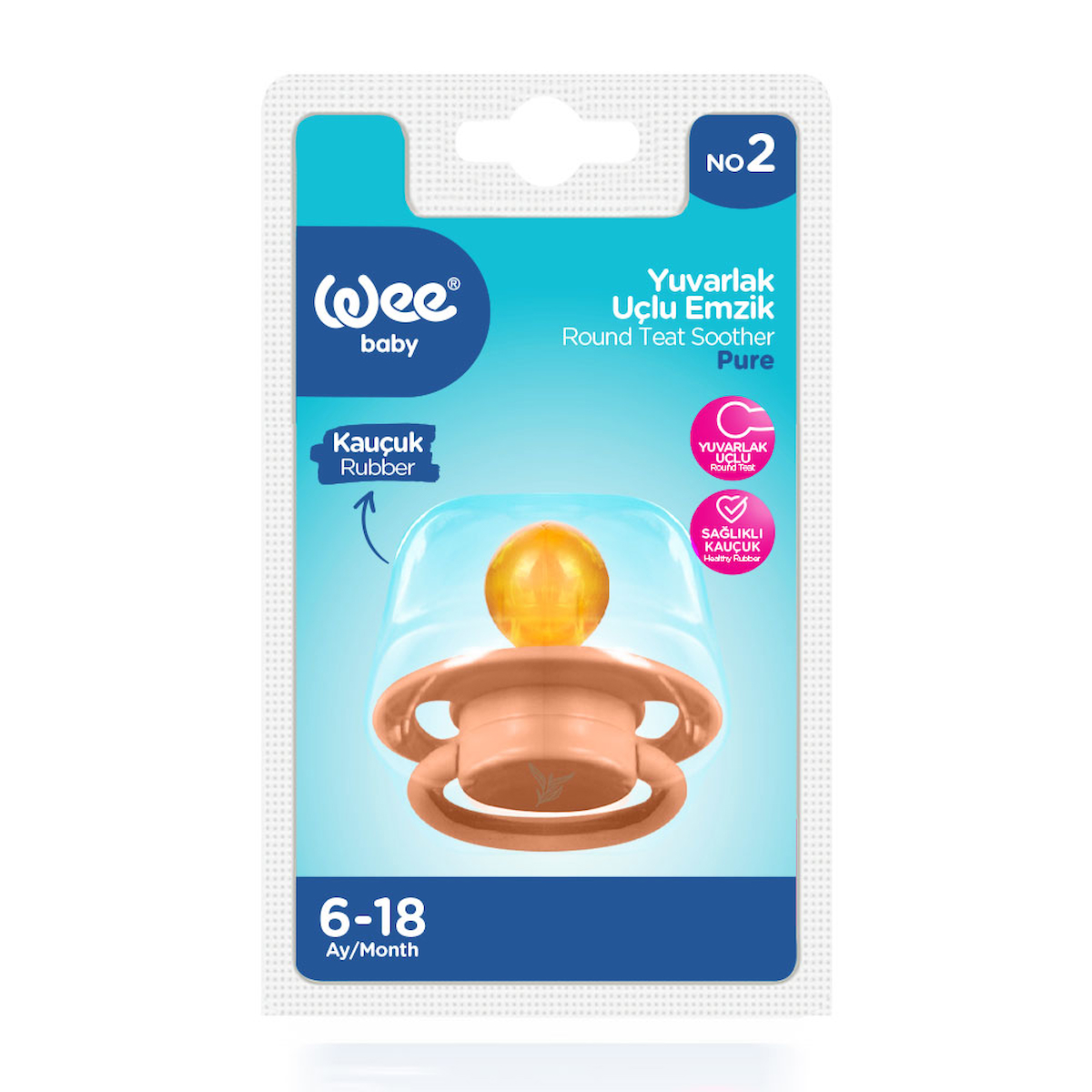 Pure Yuvarlak Uçlu Kauçuk Emzik No:2 Somon 6-18 Ay 