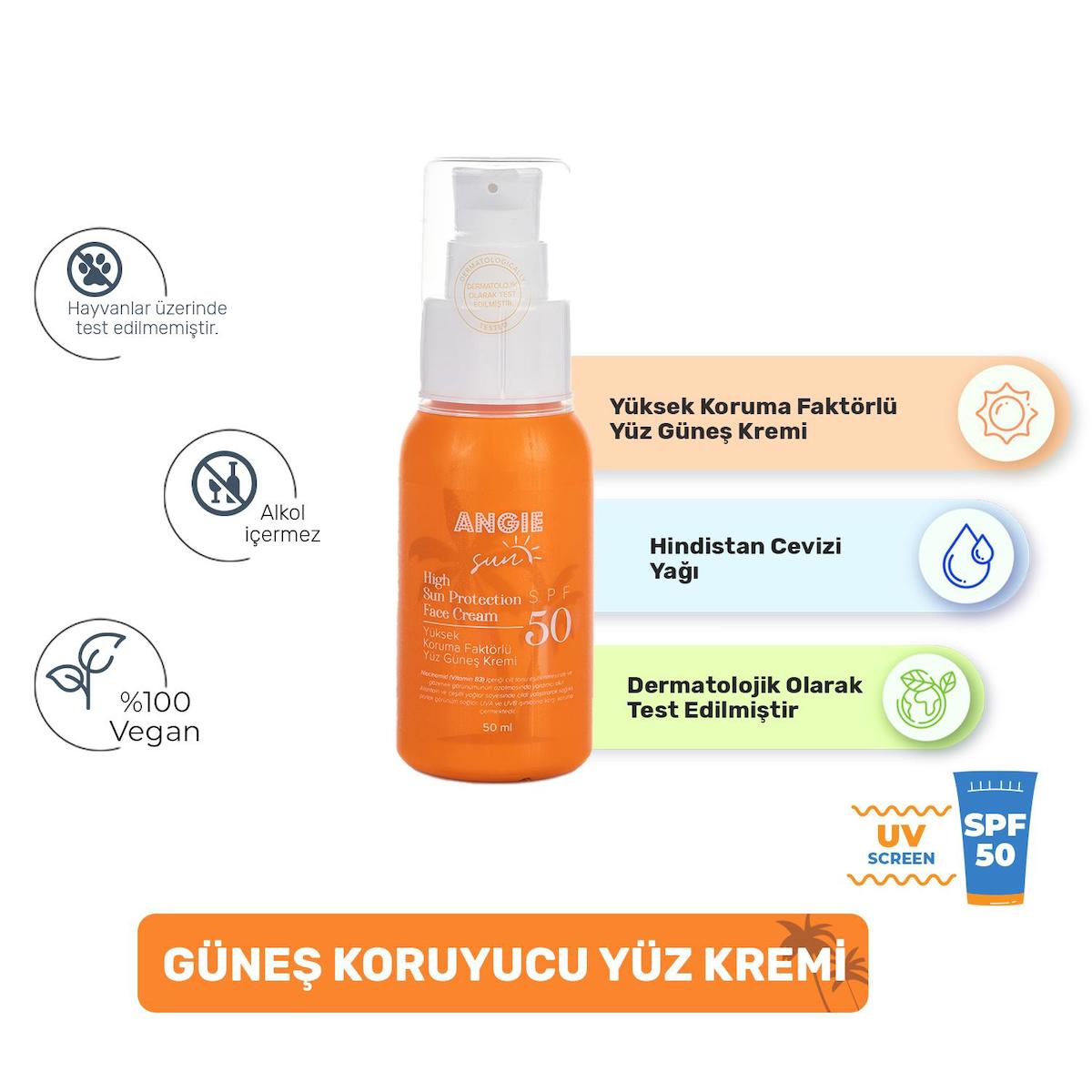 Angie Sun Face 50 SPF Ürün Güneş Kremi 50 ML Unisex (Vegan)