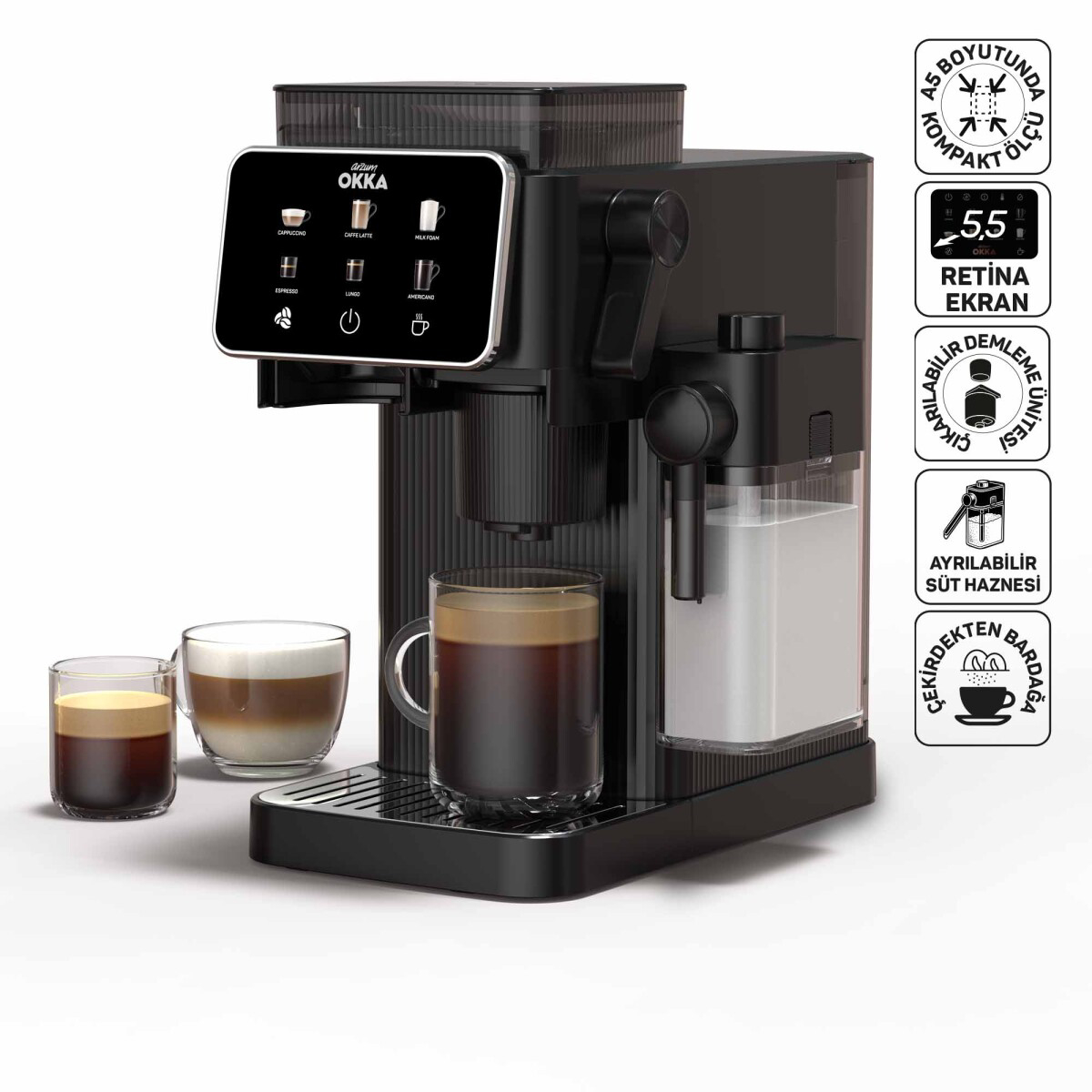 OK0047 Okka Barista Compact Otomatik Espresso Makinesi,Süt Hazneli,7 Farklı İçecek,15Bar Basınç,Krom