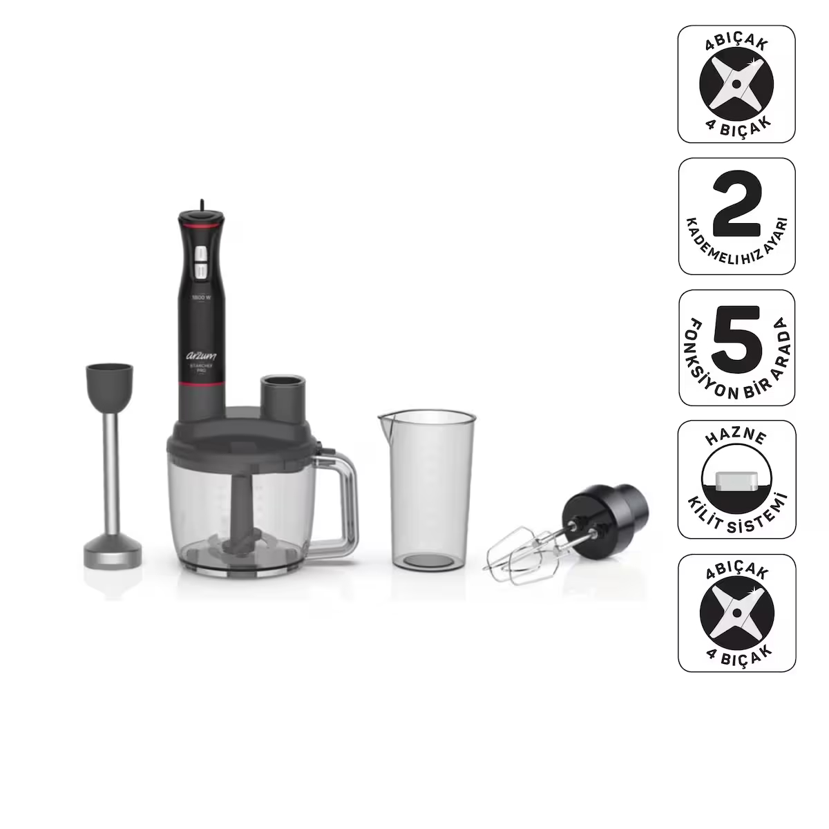 AR1204 Starchef Pro 1800W 4 Bıçaklı 1.5 L Hazneli 2 Kademeli Multi Blender Seti, Siyah