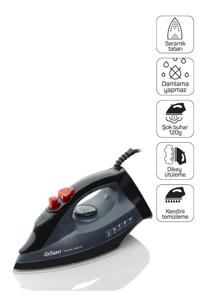 Arzum AR684 Olivya Buharlı Ütü 2400W, Seramik Taban, Dikey Buhar, Şok Buhar, Damlama Önleme, Siyah