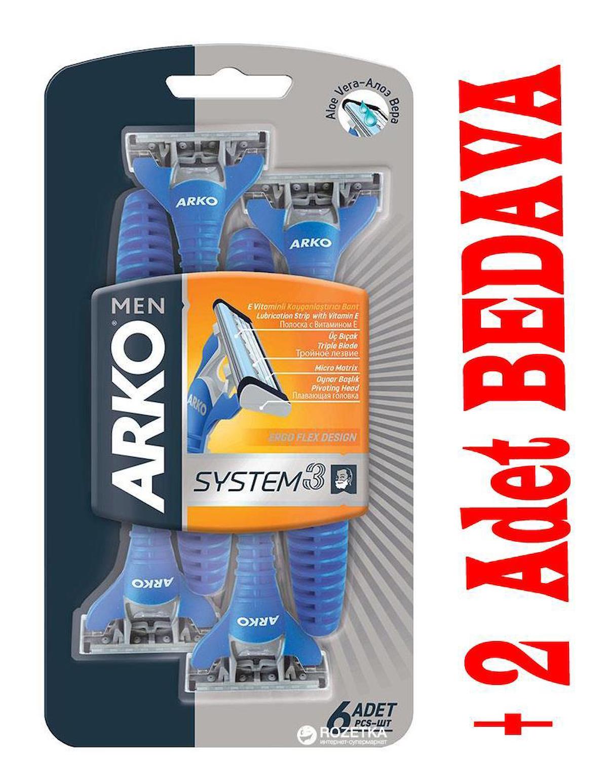 Arko Men Tıraş Bıçağı Sistem3  6 + 2 Adet Hediyeli 8 li Paket Blister