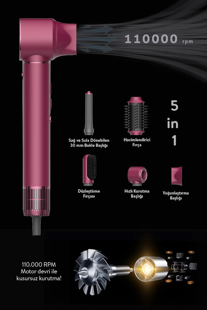 Pro Compact Uzun Multi-styler Hava Üfleme 5in1 Saç Şekillendirici Bldc Shd-1729 Royal Gilded Red