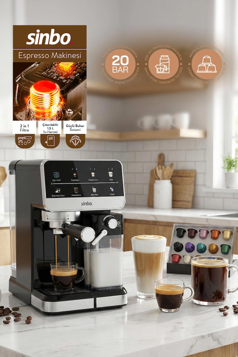 Sinbo Espresso Cappucino Latte 20 Bar Profesyonel Otomatik Espresso Makinesi, Süt Köpürtücülü, Kapsül Kullanım Aparatı, 6 Farklı Kahve Seçeneği, Dokunmatik Ekran SCM-2996Pro