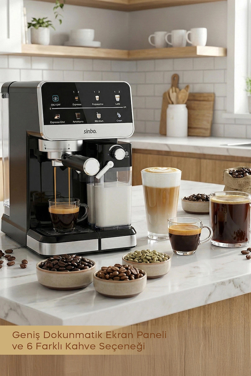 Sinbo Espresso Cappucino Latte 20 Bar Profesyonel Otomatik Espresso Makinesi, Süt Köpürtücülü, Kapsül Kullanım Aparatı, 6 Farklı Kahve Seçeneği, Dokunmatik Ekran SCM-2996Pro