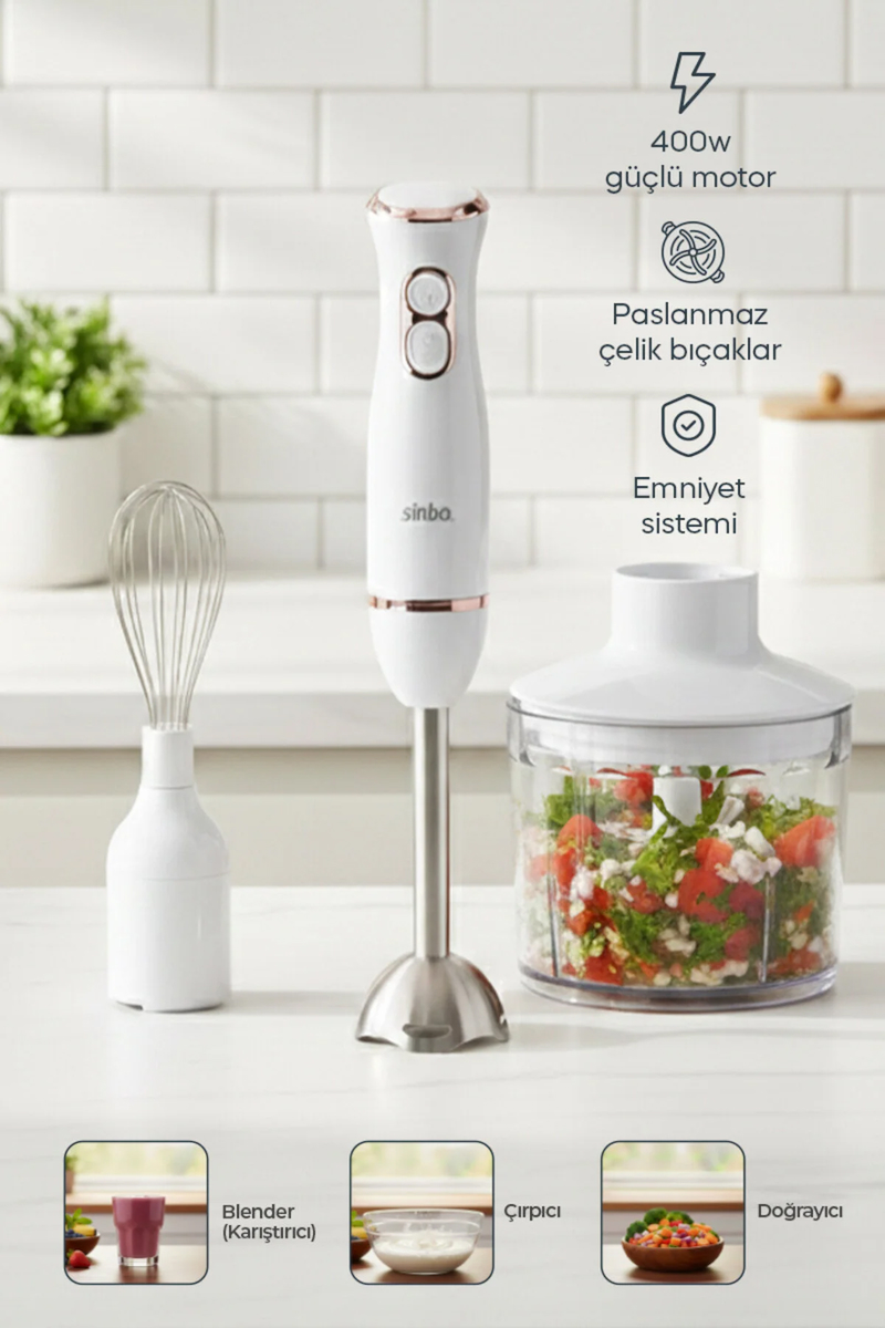 SHB-7530 Çok Fonksiyonlu El Blender Seti – Rose Gold – Doğrayıcı & Çırpıcı Aparatlı