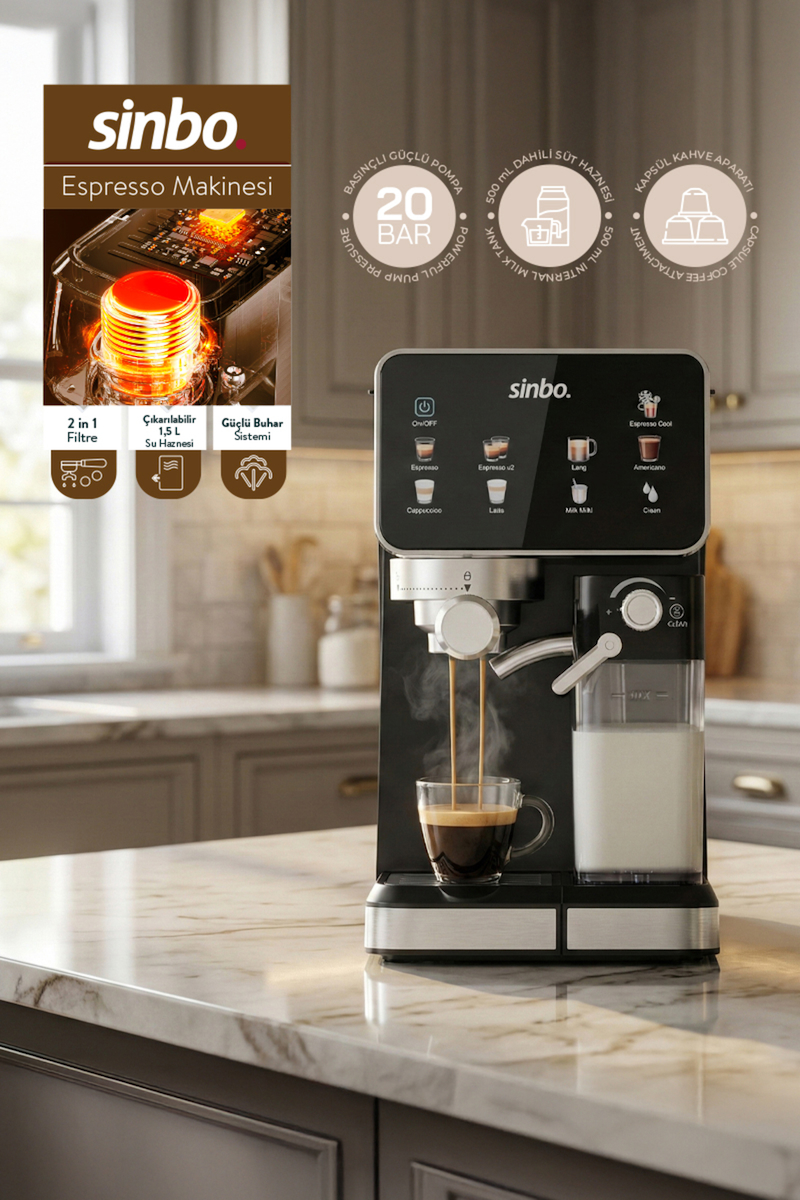 Sinbo Scm‑2995 Pro Kapsüllü & Toz Kahve Espresso Makinesi – 20 bar Basınç, Süt Haznesi, Dokunmatik