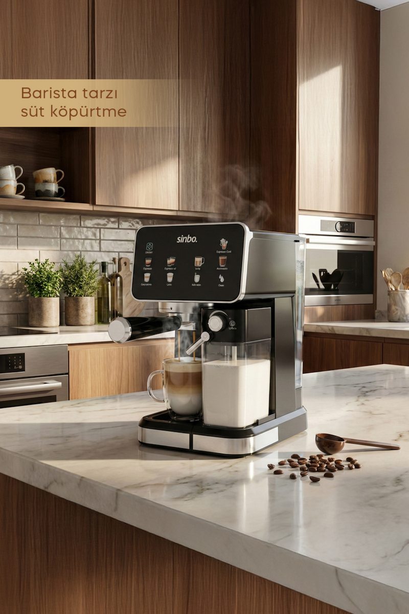 Sinbo Scm‑2995 Pro Kapsüllü & Toz Kahve Espresso Makinesi – 20 bar Basınç, Süt Haznesi, Dokunmatik