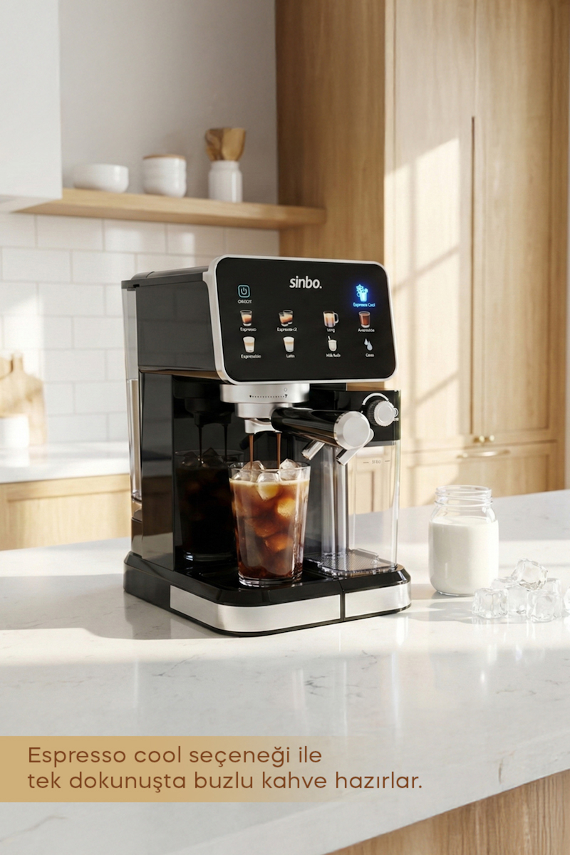 Sinbo Scm‑2995 Pro Kapsüllü & Toz Kahve Espresso Makinesi – 20 bar Basınç, Süt Haznesi, Dokunmatik
