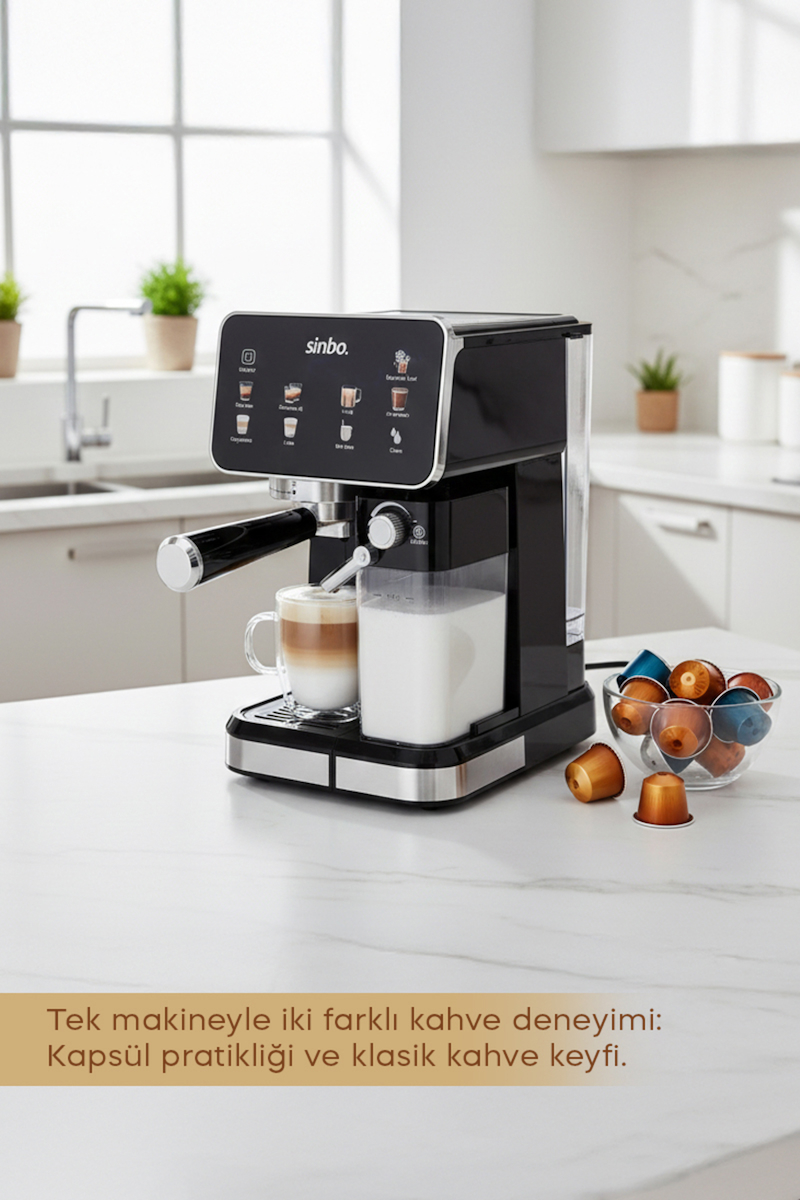 Sinbo Scm‑2995 Pro Kapsüllü & Toz Kahve Espresso Makinesi – 20 bar Basınç, Süt Haznesi, Dokunmatik