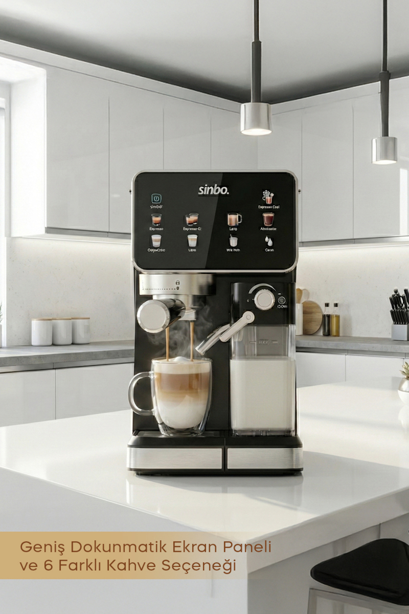 Sinbo Scm‑2995 Pro Kapsüllü & Toz Kahve Espresso Makinesi – 20 bar Basınç, Süt Haznesi, Dokunmatik