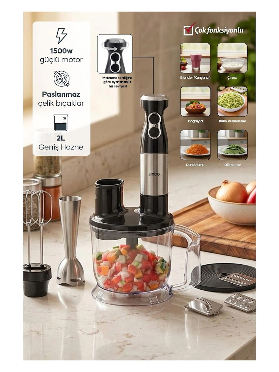 SHB-7532 Çok Fonksiyonlu El Blender Seti | Doğrayıcı, Çırpıcı ve Rende Aparatlı