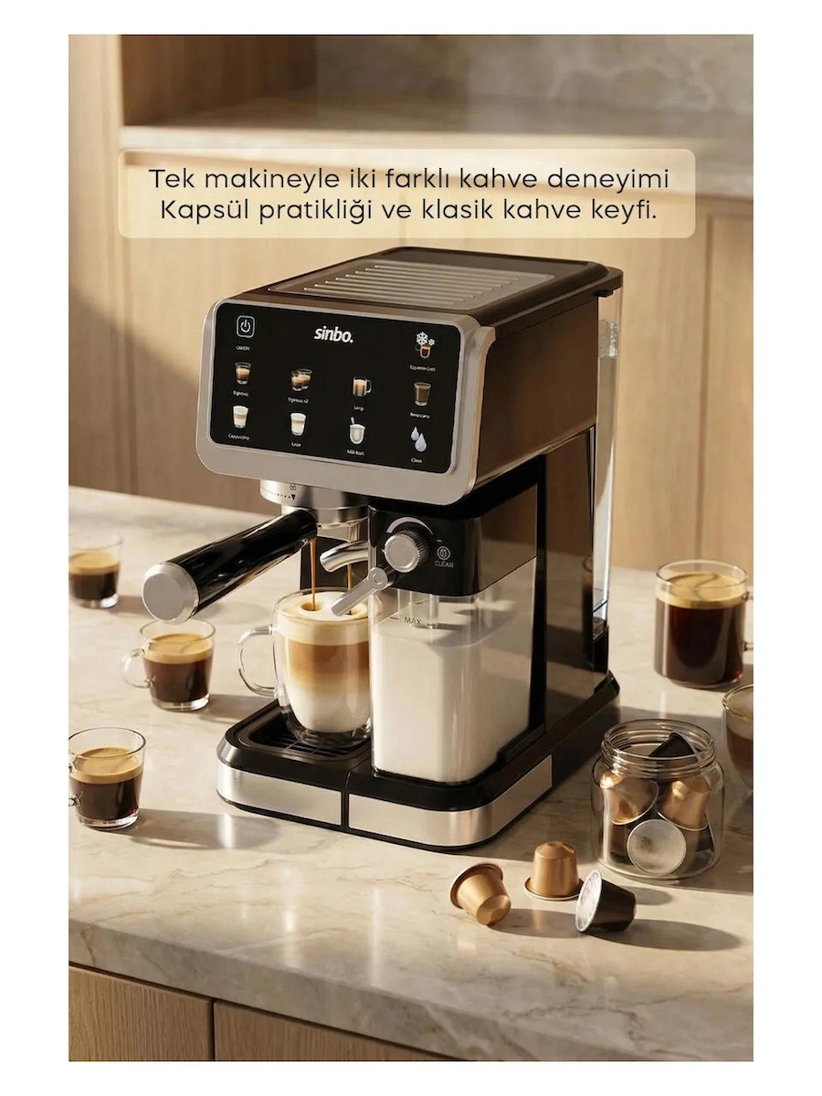 Sinbo Scm‑2994 Pro Kapsüllü & Toz Kahve Espresso Makinesi – 15 bar Basınç, Süt Haznesi, Dokunmatik