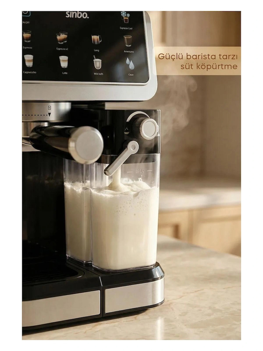 Sinbo Scm‑2994 Pro Kapsüllü & Toz Kahve Espresso Makinesi – 15 bar Basınç, Süt Haznesi, Dokunmatik