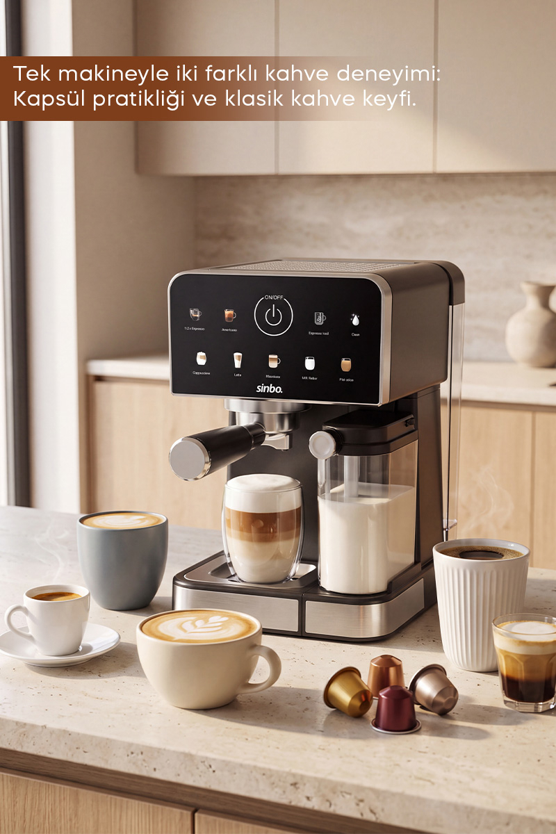 SCM-3036 Pro 20 Bar Espresso Makinesi, 7 Kahve, Süt Hazneli, Kapsül Uyumlu