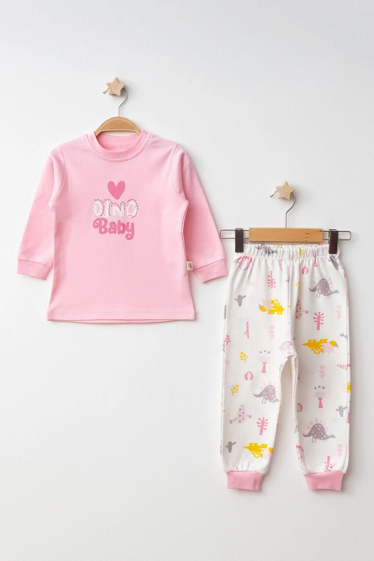 Mini Damla Pijama Takımı Penye Dino Baby Baskılı Pembe