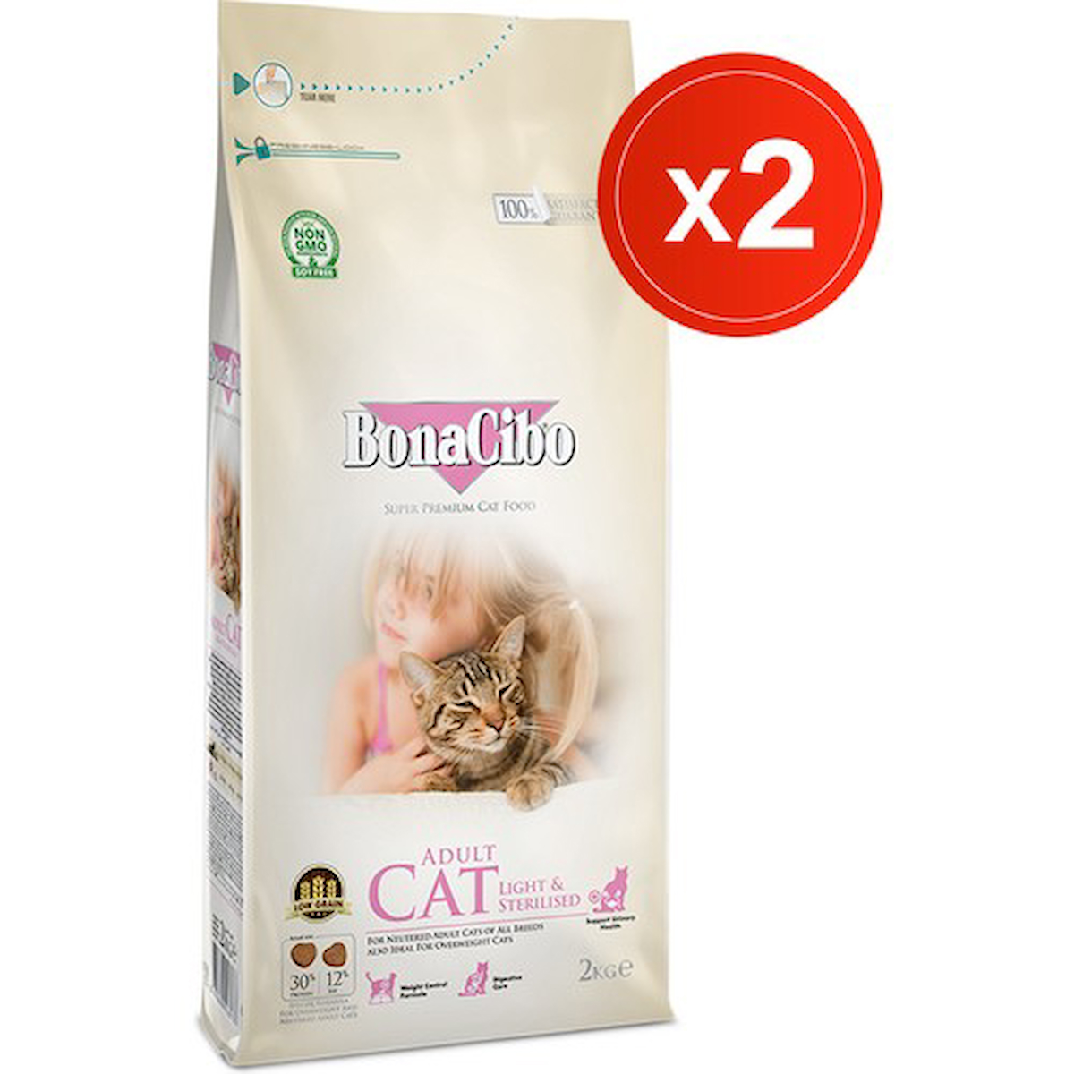 Bonacibo Adult Cat Light-Sterilised 2 kg x 2 Li - Kısırlaştırılmış Kediler Için Yetişkin Kedi Maması