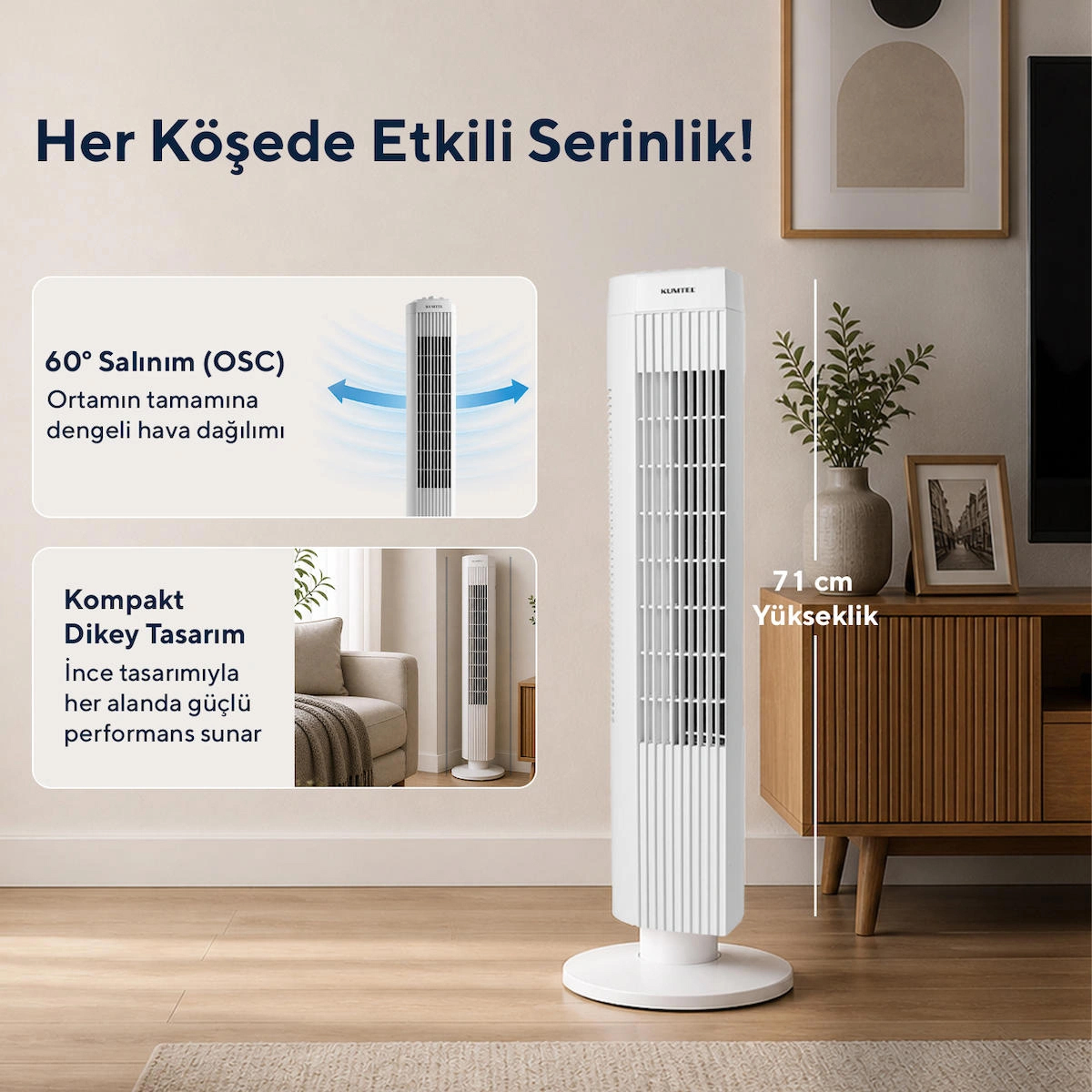 Kumtel KTF-258W Kule Tipi 50W Zaman Ayarlı 3 Hız Kademeli Sessiz Vantilatör