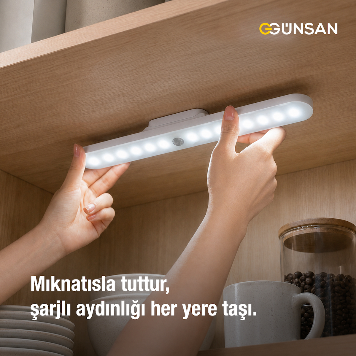 Günsan Şarjlı Mıknatıslı Hareket Sensörlü Led Lamba - Dolap İçi, Mutfak, Kitaplık, Tezgah Altı Aydınlatma - 3 Renk Modu - Dim Edilebilir - Işık Hafızalı