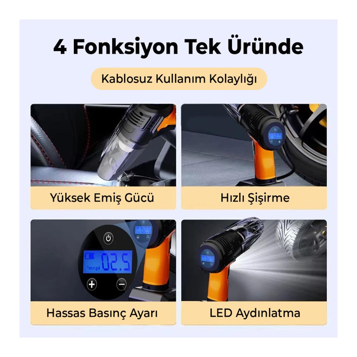 Şarjlı Çok Fonksiyonlu Oto El Süpürgesi ve Taşınabilir Lastik Hava Kompresörü Pompası