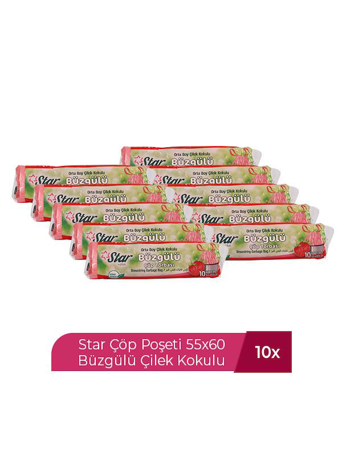 STAR ÇÖP POŞETİ 10'LU 55 X 60 ORTA BÜZGÜLÜ ÇİLEK  X 10 ADET