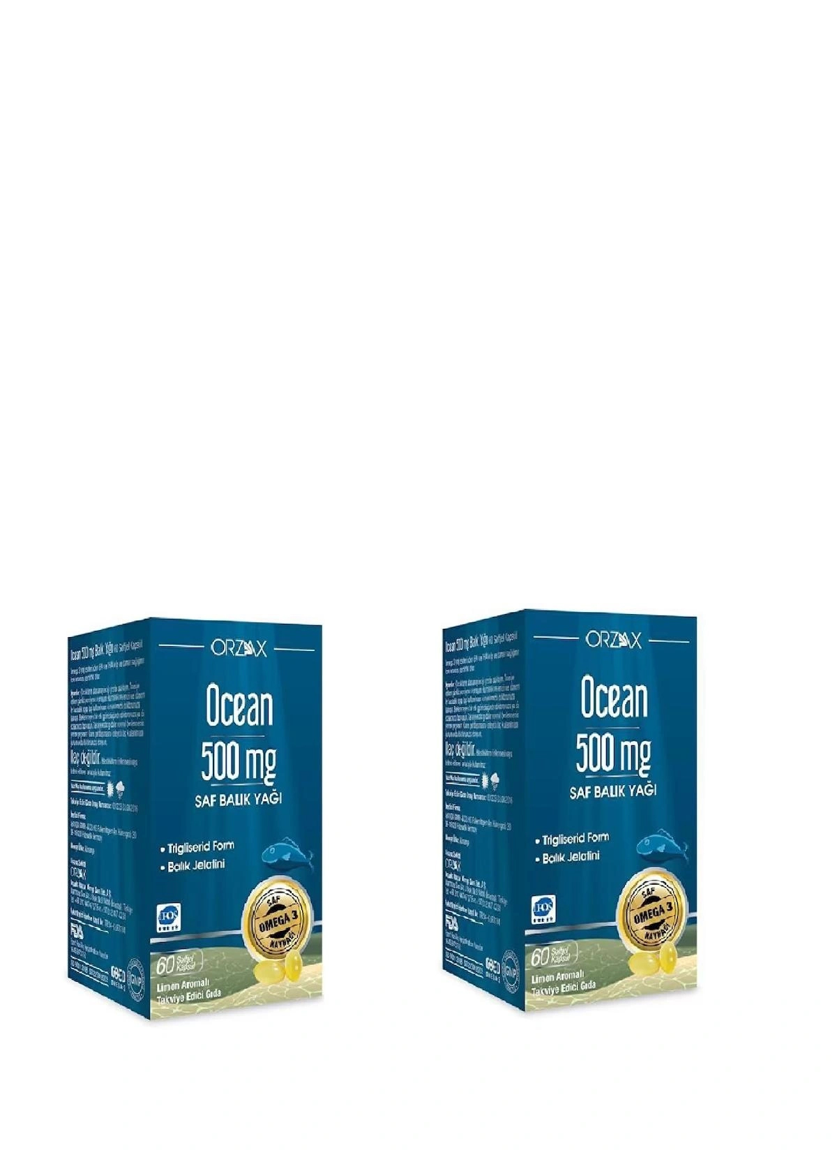 Ocean 500 mg. Balık Yağı 60 Kapsül - Limon Aromalı - [ 2 Kutu = 120 Kapsül }