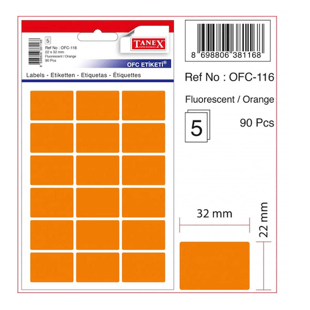 Tanex Ofis Etiketi Poşetli 22x32 MM Fosforlu Turuncu Ofc-116