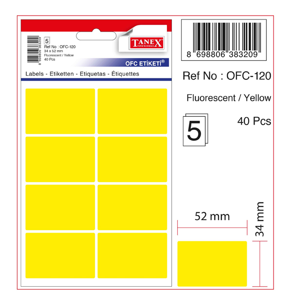 Tanex Ofis Etiketi Poşetli 34x55 Mm Fosforlu Sarı Ofc-120