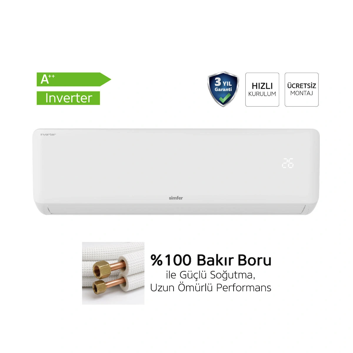 Simfer Split Klima A ++ Inverter 9.000 BTU R32 (Ücretsiz Montaj)