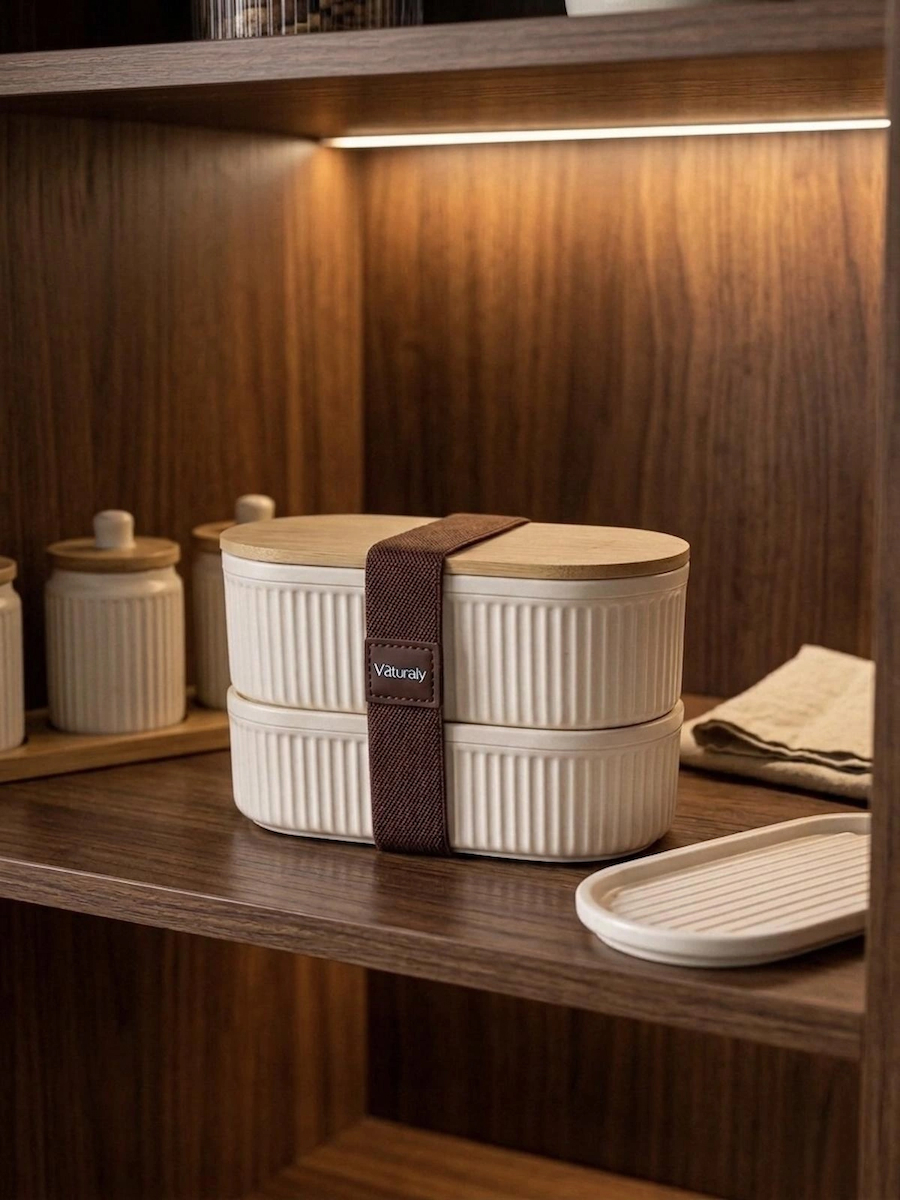 Wenken Bambu Kapaklı 2 Katlı Sefer Tası - Çizgili Tasarım Bölmeli Beslenme Çantası Lunch Box
