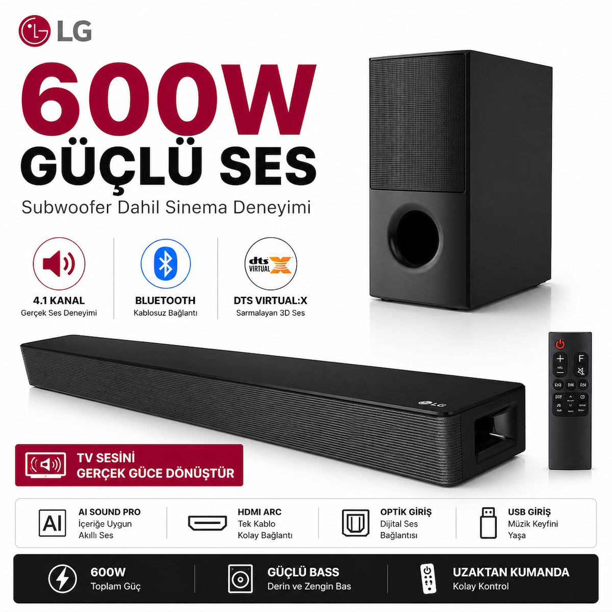 LG 600w Yüksek Ses Ve Kaliteli Soundbar, 4.1 Kanal Sinema Kalitesi, Kablosuz Bluetooth Optik Ve Usb