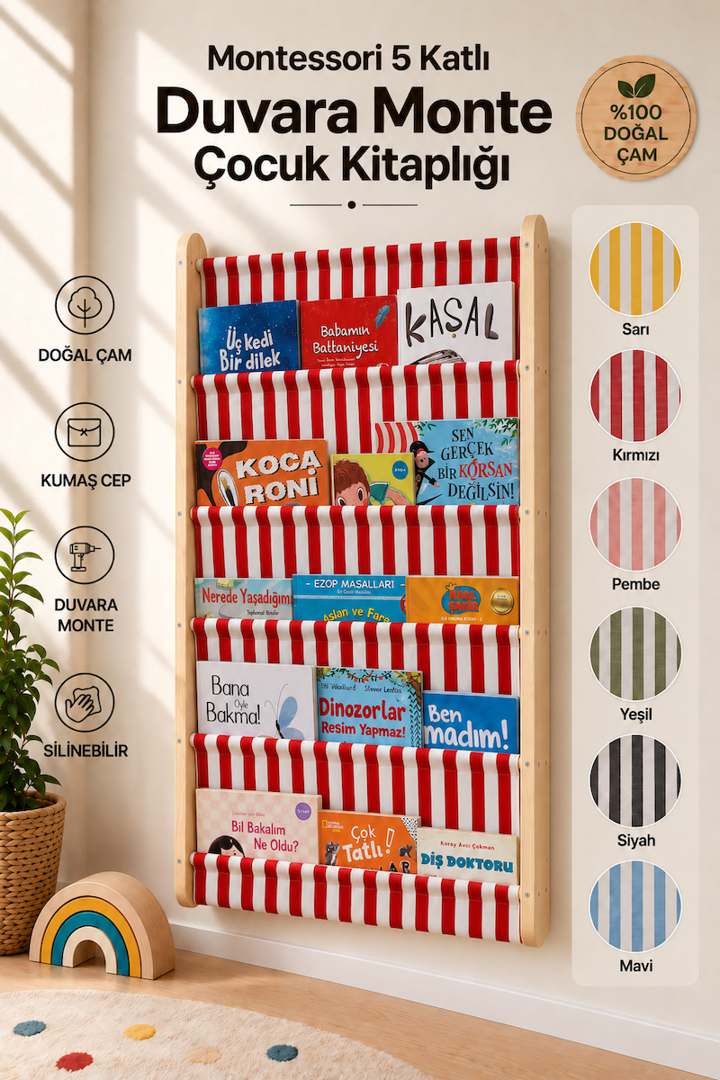 Montessori 5 Katlı Ahşap Çocuk Kitaplığı – Kumaş Cepli Duvara Monte Kitaplık Kırmızı