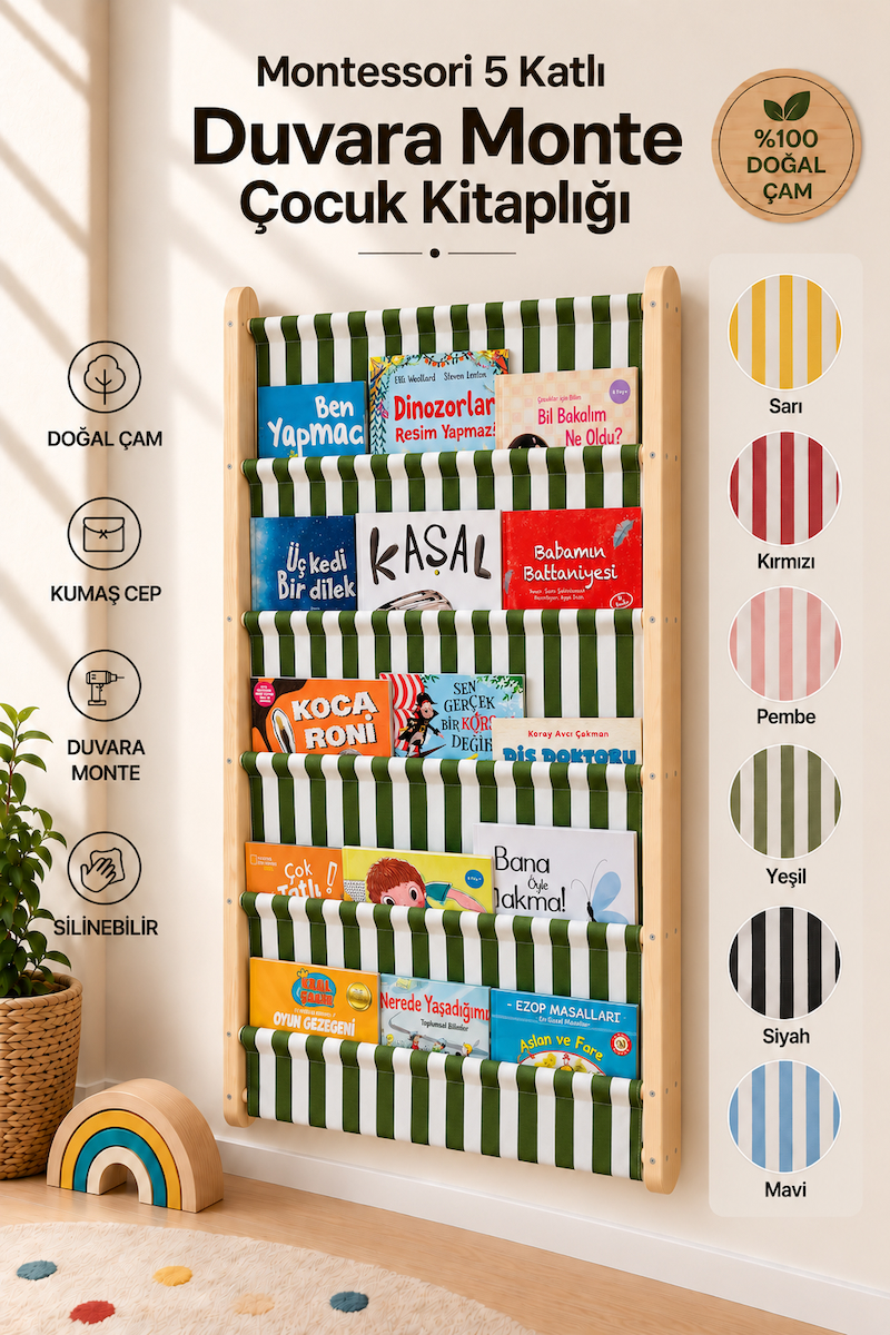 Montessori 5 Katlı Ahşap Çocuk Kitaplığı – Kumaş Cepli Duvara Monte Kitaplık Yeşil