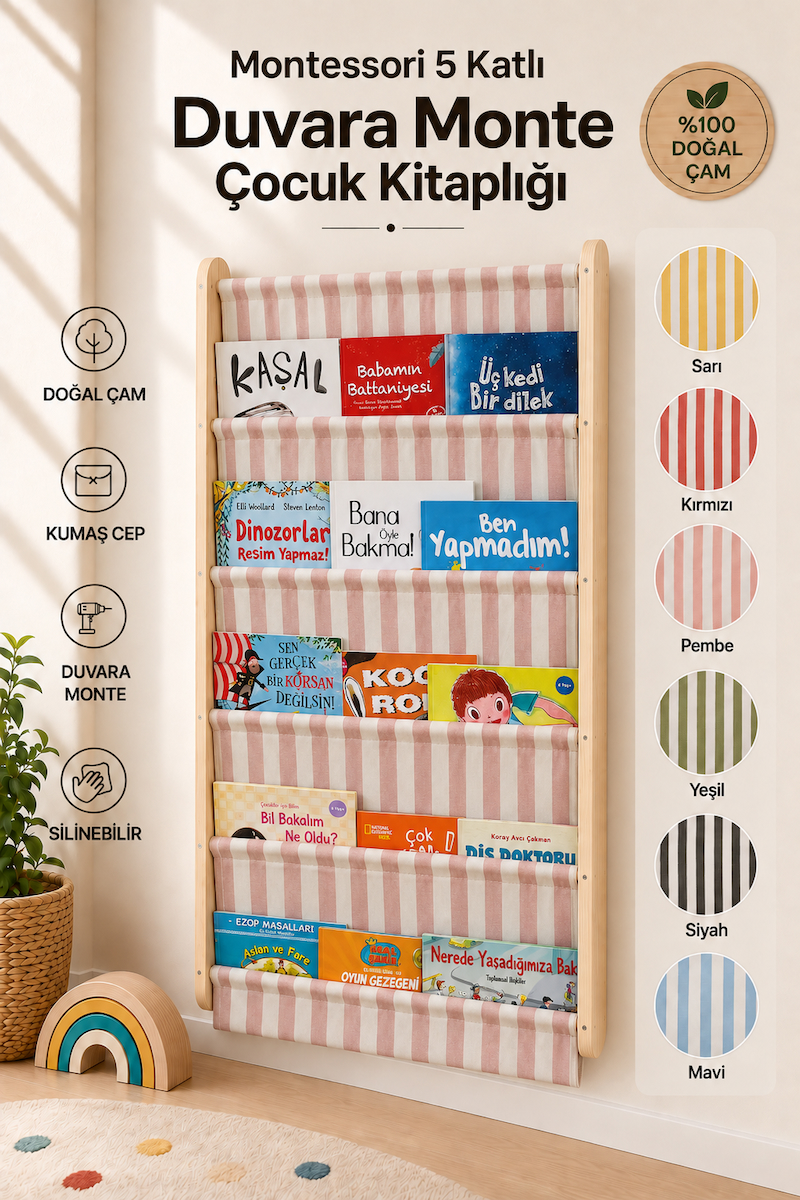 Montessori 5 Katlı Ahşap Çocuk Kitaplığı – Kumaş Cepli Duvara Monte Kitaplık Pembe
