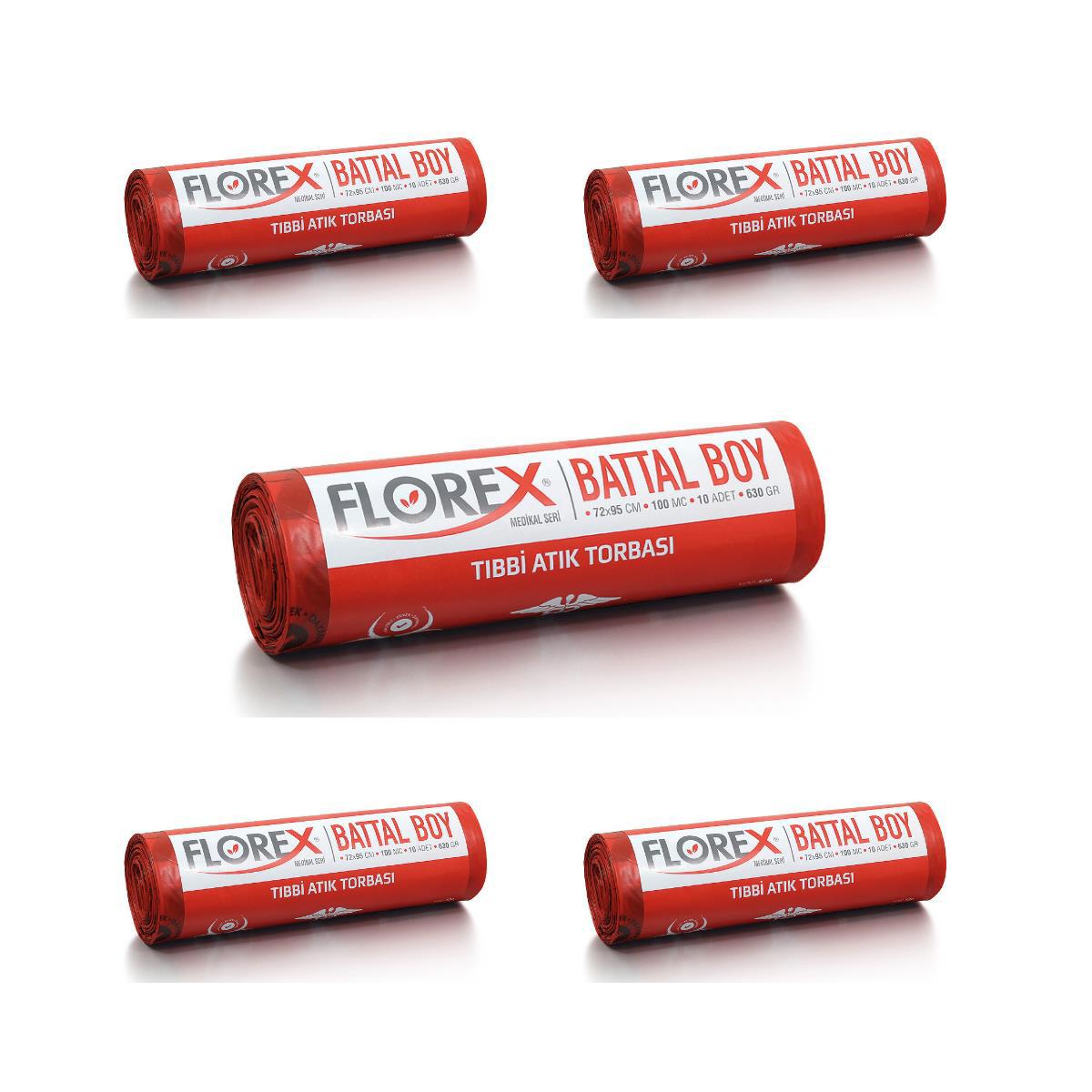 FLOREX - TIBBİ ATIK ÇÖP POŞETİ BATTAL 72X95 BASKILI KIRMIZI 10 YAPRAK - 5 RULO