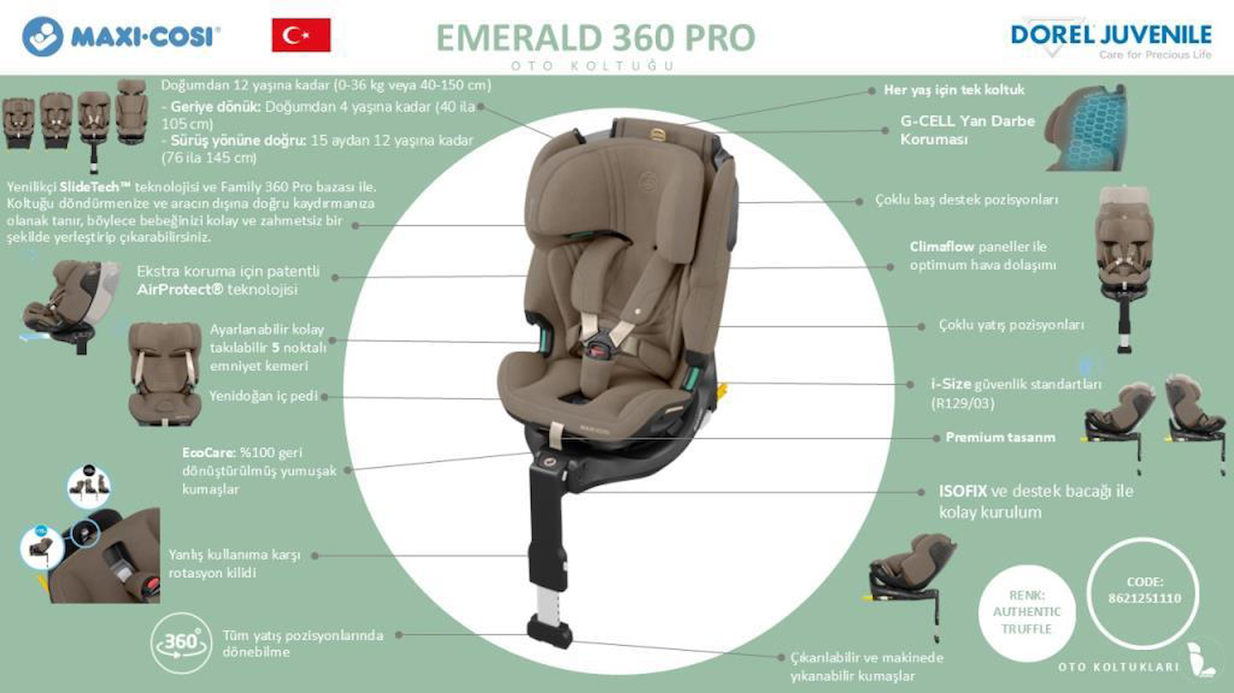 Maxi-Cosi Emerald 360 Pro I-Size Dünyanın İlk Kızaklı, Araç Dışına Çıkabilen İsofix'li 360 Dönebilir Yatabilir 0-36 kg Bebek Oto Koltuğu Authentic Truffle