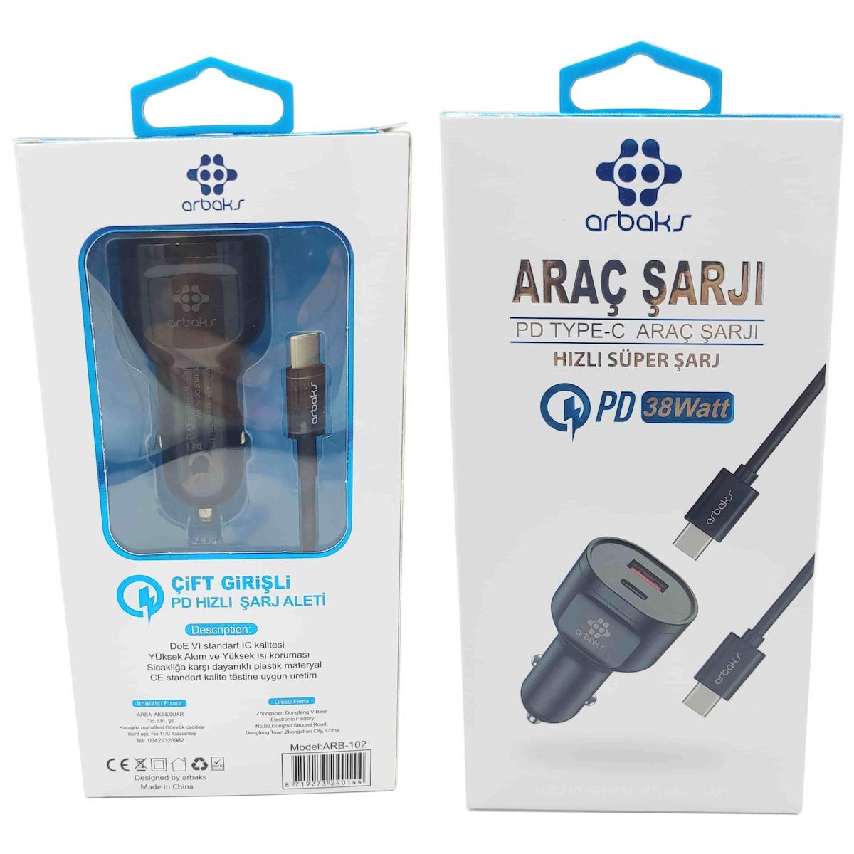 38W PD + Usb Çift Girişli Araç (TYPE-C) Şarj Aleti Arbaks ARB-102